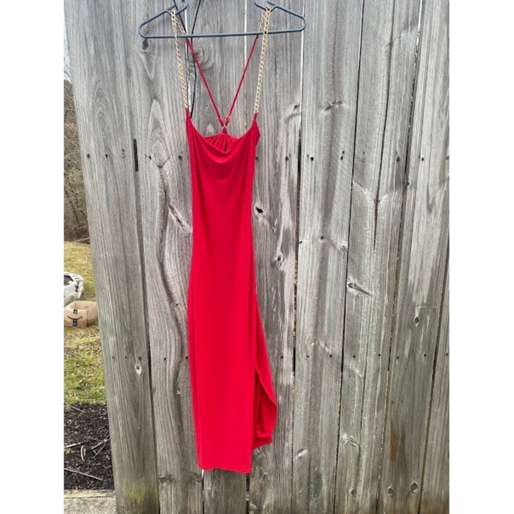 Windsor Red‎ Cowl Neck Bodycon Midi Dress Gold Chain Straps Side Slit Womens
